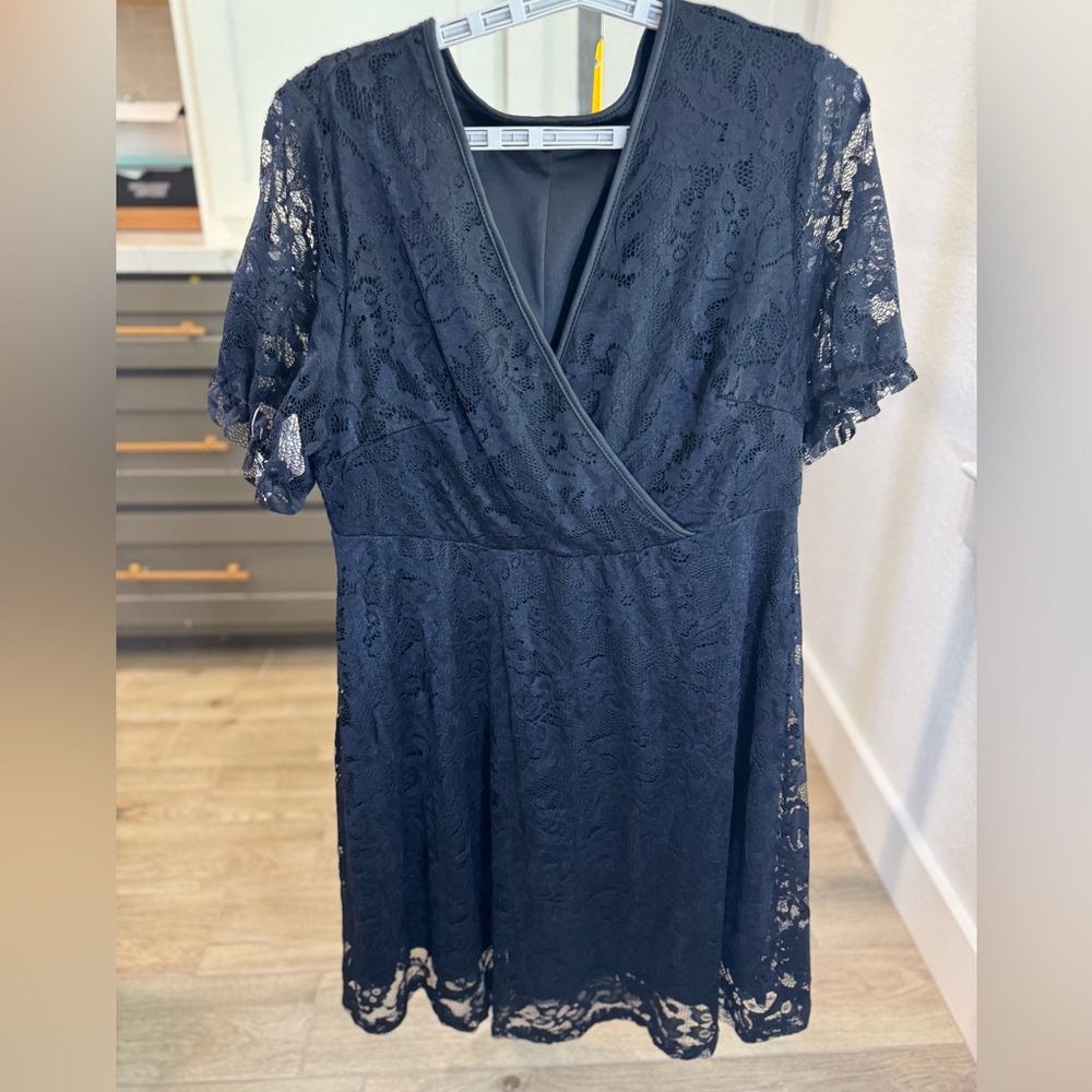 Shein Curve V-Neck Black dress with Black Lace details- Size 1XL - NWOT